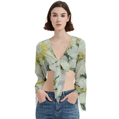 Enchanting Foliage Sharp Edged Leaves In Pale Yellow And Silver Bk Trumpet Sleeve Cropped Top by dflcprintsclothing