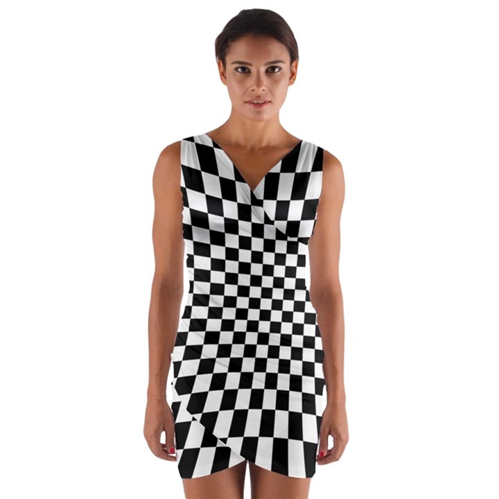 Illusion Checkerboard Black And White Pattern Wrap Front Bodycon Dress