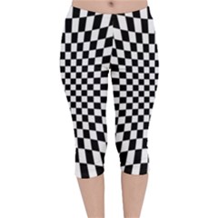 Illusion Checkerboard Black And White Pattern Velvet Capri Leggings  by Ravend