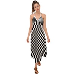 Illusion Checkerboard Black And White Pattern Halter Tie Back Dress  by Ravend