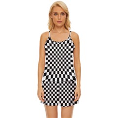 Illusion Checkerboard Black And White Pattern Satin Pajama Short Set by Ravend