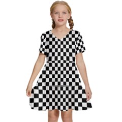 Illusion Checkerboard Black And White Pattern Kids  Short Sleeve Tiered Mini Dress by Ravend