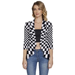 Illusion Checkerboard Black And White Pattern Women s 3/4 Sleeve Ruffle Edge Open Front Jacket by Ravend