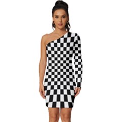 Illusion Checkerboard Black And White Pattern Long Sleeve One Shoulder Mini Dress by Ravend