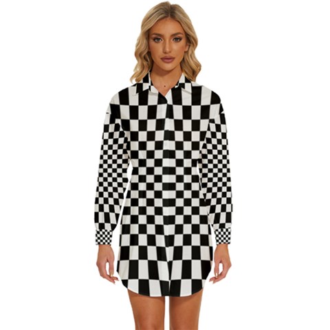 Illusion Checkerboard Black And White Pattern Womens Long Sleeve Shirt Dress by Ravend