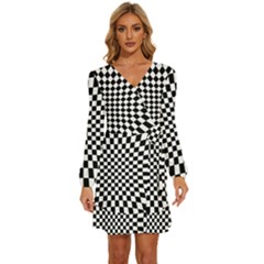 Illusion Checkerboard Black And White Pattern Long Sleeve Waist Tie Ruffle Velvet Dress by Ravend