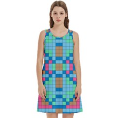 Checkerboard Square Abstract Round Neck Sleeve Casual Dress With Pockets by Ravend