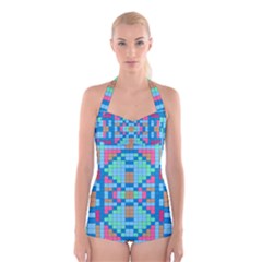 Checkerboard Square Abstract Boyleg Halter Swimsuit  by Ravend