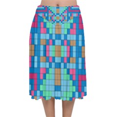 Checkerboard Square Abstract Velvet Flared Midi Skirt