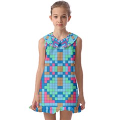 Checkerboard Square Abstract Kids  Pilgrim Collar Ruffle Hem Dress by Ravend