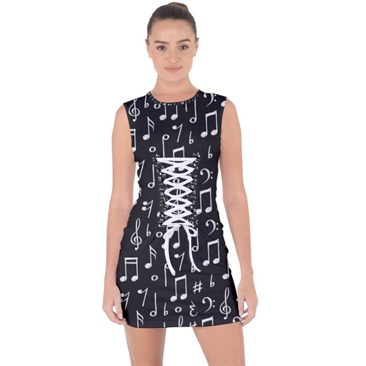 Chalk Music Notes Signs Seamless Pattern Lace Up Front Bodycon Dress