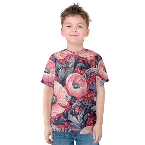 Vintage Floral Poppies Kids  Cotton T-shirt by Grandong