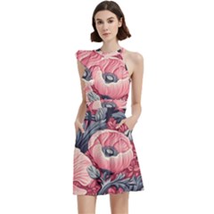 Vintage Floral Poppies Cocktail Party Halter Sleeveless Dress With Pockets