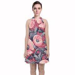 Vintage Floral Poppies Velvet Halter Neckline Dress 