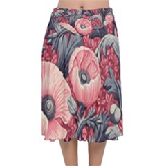 Vintage Floral Poppies Velvet Flared Midi Skirt