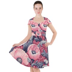 Vintage Floral Poppies Cap Sleeve Midi Dress With Pockets by Grandong