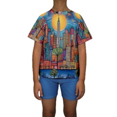 City New York Nyc Skyscraper Skyline Downtown Night Business Urban Travel Landmark Building Architec Kids  Short Sleeve Swimwear by Posterlux