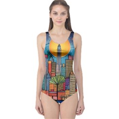 City New York Nyc Skyscraper Skyline Downtown Night Business Urban Travel Landmark Building Architec One Piece Swimsuit