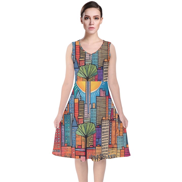 City New York Nyc Skyscraper Skyline Downtown Night Business Urban Travel Landmark Building Architec V-Neck Midi Sleeveless Dress 