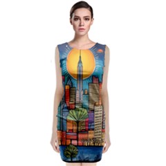 City New York Nyc Skyscraper Skyline Downtown Night Business Urban Travel Landmark Building Architec Classic Sleeveless Midi Dress