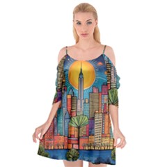 City New York Nyc Skyscraper Skyline Downtown Night Business Urban Travel Landmark Building Architec Cutout Spaghetti Strap Chiffon Dress by Posterlux