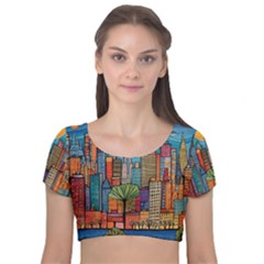 City New York Nyc Skyscraper Skyline Downtown Night Business Urban Travel Landmark Building Architec Velvet Short Sleeve Crop Top  by Posterlux