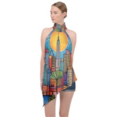 City New York Nyc Skyscraper Skyline Downtown Night Business Urban Travel Landmark Building Architec Halter Asymmetric Satin Top