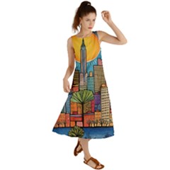 City New York Nyc Skyscraper Skyline Downtown Night Business Urban Travel Landmark Building Architec Summer Maxi Dress by Posterlux