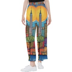 City New York Nyc Skyscraper Skyline Downtown Night Business Urban Travel Landmark Building Architec Women s Pants  by Posterlux