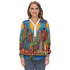 City New York Nyc Skyscraper Skyline Downtown Night Business Urban Travel Landmark Building Architec Zip Up Long Sleeve Blouse