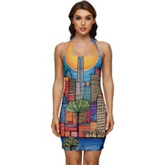 City New York Nyc Skyscraper Skyline Downtown Night Business Urban Travel Landmark Building Architec Sleeveless Wide Square Neckline Ruched Bodycon Dress by Posterlux