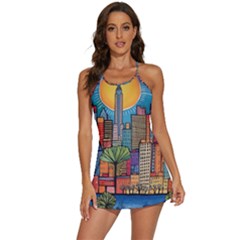 City New York Nyc Skyscraper Skyline Downtown Night Business Urban Travel Landmark Building Architec 2-in-1 Flare Activity Dress by Posterlux