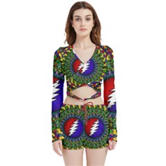 Grateful Dead Bear Pattern Velvet Wrap Crop Top And Shorts Set