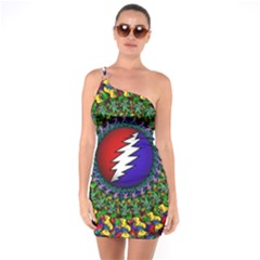 Grateful Dead Bear Pattern One Shoulder Ring Trim Bodycon Dress