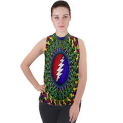 Grateful Dead Bear Pattern Mock Neck Chiffon Sleeveless Top by Maspions