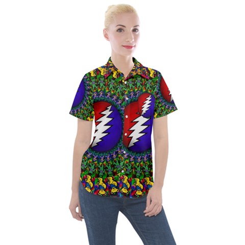 Grateful Dead Bear Pattern Women s Short Sleeve Pocket Shirt by Maspions