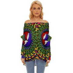 Grateful Dead Bear Pattern Off Shoulder Chiffon Pocket Shirt