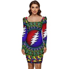 Grateful Dead Bear Pattern Women Long Sleeve Ruched Stretch Jersey Dress