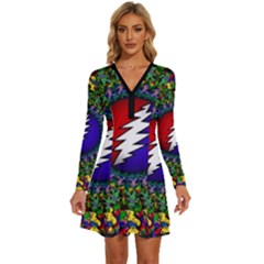 Grateful Dead Bear Pattern Long Sleeve Deep V Mini Dress  by Maspions