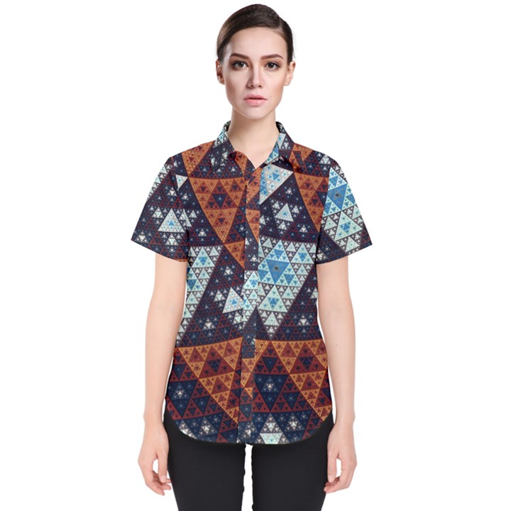 Fractal Triangle Geometric Abstract Pattern Women s Short Sleeve Shirt