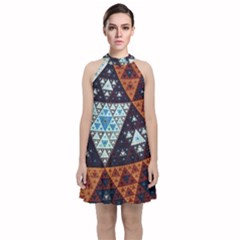 Fractal Triangle Geometric Abstract Pattern Velvet Halter Neckline Dress 