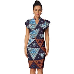 Fractal Triangle Geometric Abstract Pattern Vintage Frill Sleeve V-neck Bodycon Dress by Cemarart