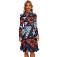 Fractal Triangle Geometric Abstract Pattern Long Sleeve Shirt Collar A-line Dress by Cemarart