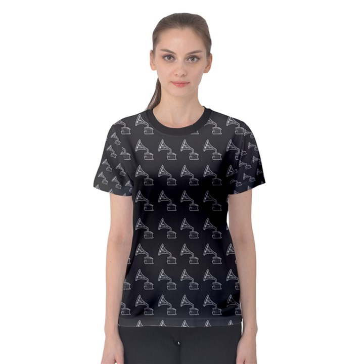 Vintage Turntable Graphic Motif Seamless Pattern Black Backgrond Women s Sport Mesh T-Shirt