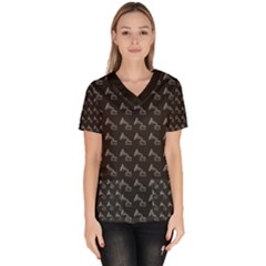 Vintage Turntable Graphic Motif Seamless Pattern Black Backgrond Women s V-neck Scrub Top by dflcprintsclothing