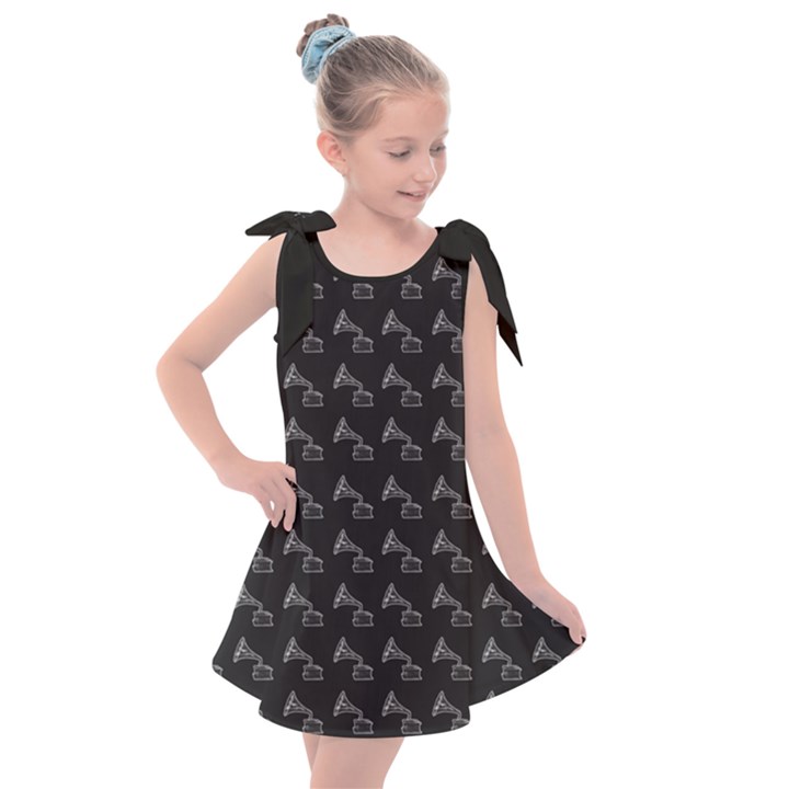 Vintage Turntable Graphic Motif Seamless Pattern Black Backgrond Kids  Tie Up Tunic Dress