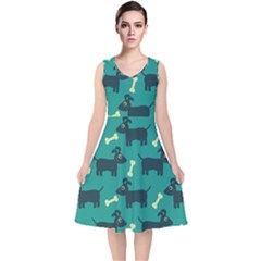 Happy Dogs Animals Pattern V-neck Midi Sleeveless Dress 