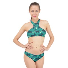 Happy Dogs Animals Pattern High Neck Bikini Set