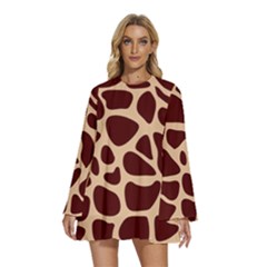 Animal Print Girraf Patterns Round Neck Long Sleeve Bohemian Style Chiffon Mini Dress