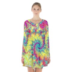 Fractal Spiral Abstract Background Vortex Yellow Long Sleeve Velvet V-neck Dress by Ket1n9